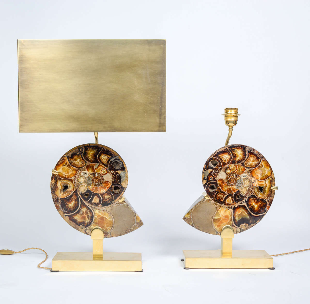 Exceptional pair of lamps each made of half of a big millions years old ammonite cut in two and polished, with a bronze foot and setting.

Unique piece, designed by Glustin Luminaires and made in Paris.