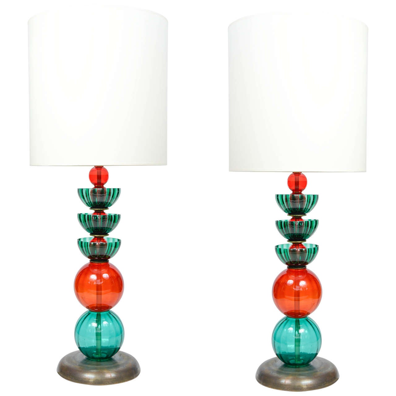 Pair of Red and Green Murano Glass Lamps at 1stDibs