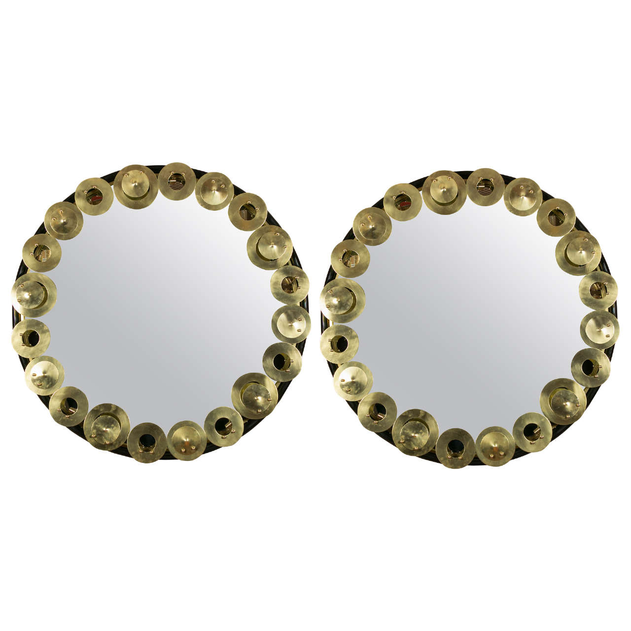  Black Wood and Brass Circular Mirrors For Sale