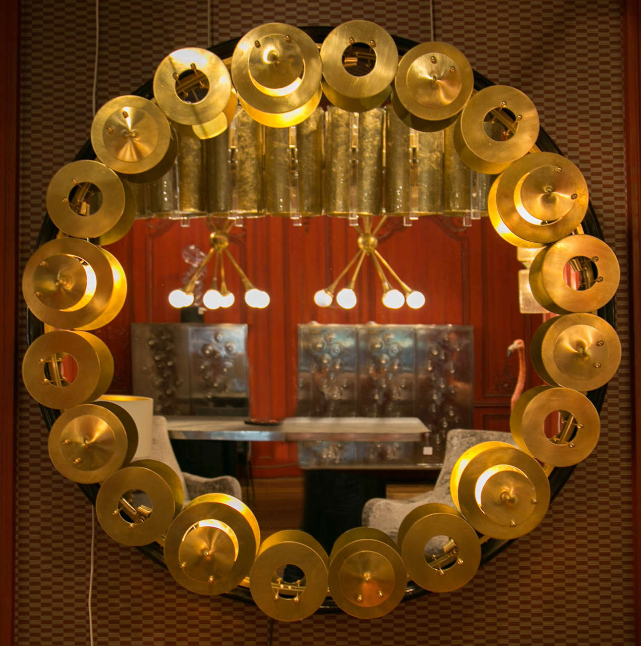  Black Wood and Brass Circular Mirrors For Sale 1