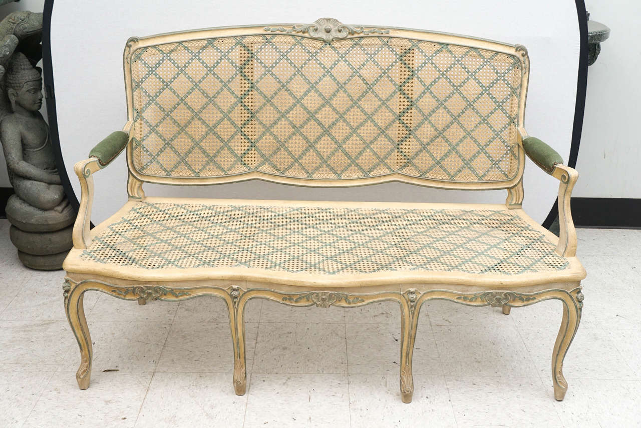 French Early 20th Century Louis XV Style Finely Carved Wood and Caned Settee For Sale