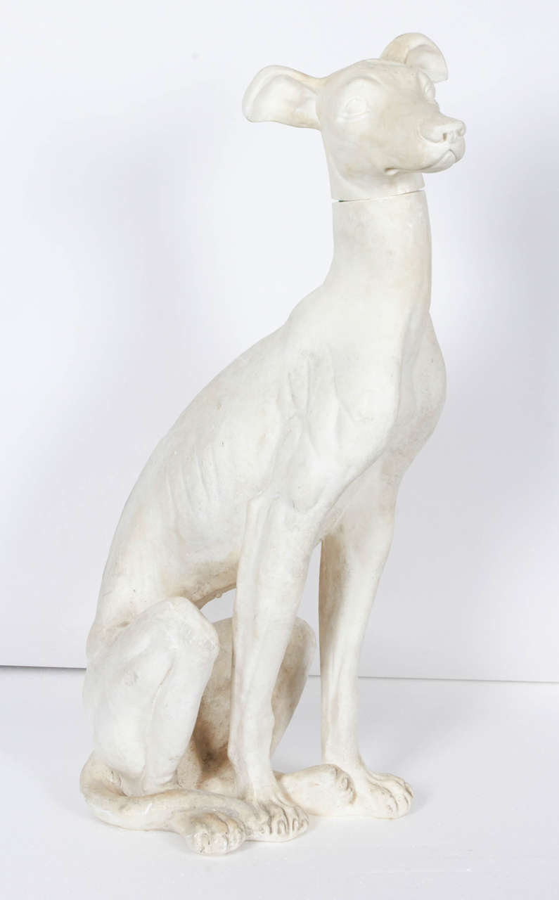 A plaster sculpture of a graceful seated whippet. Sits 34 inches tall. Head is movable.

Not available for sale or to ship in the state of California.