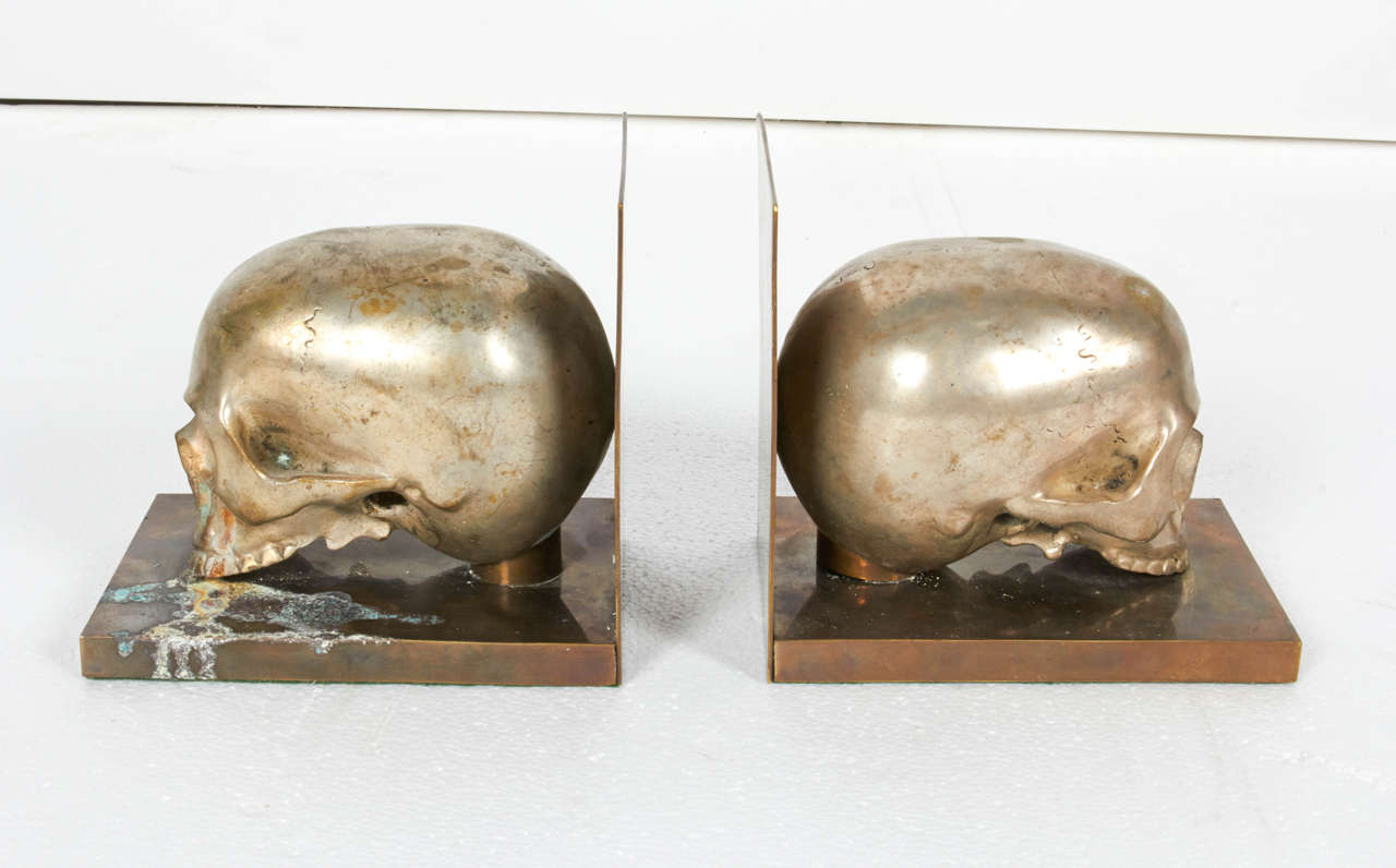 Bronze and Silver Skull Bookends In Fair Condition For Sale In New York, NY