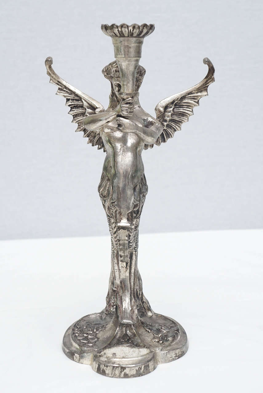 European Pair of Continental Silvered-Metal Winged Mermaid Candlesticks For Sale