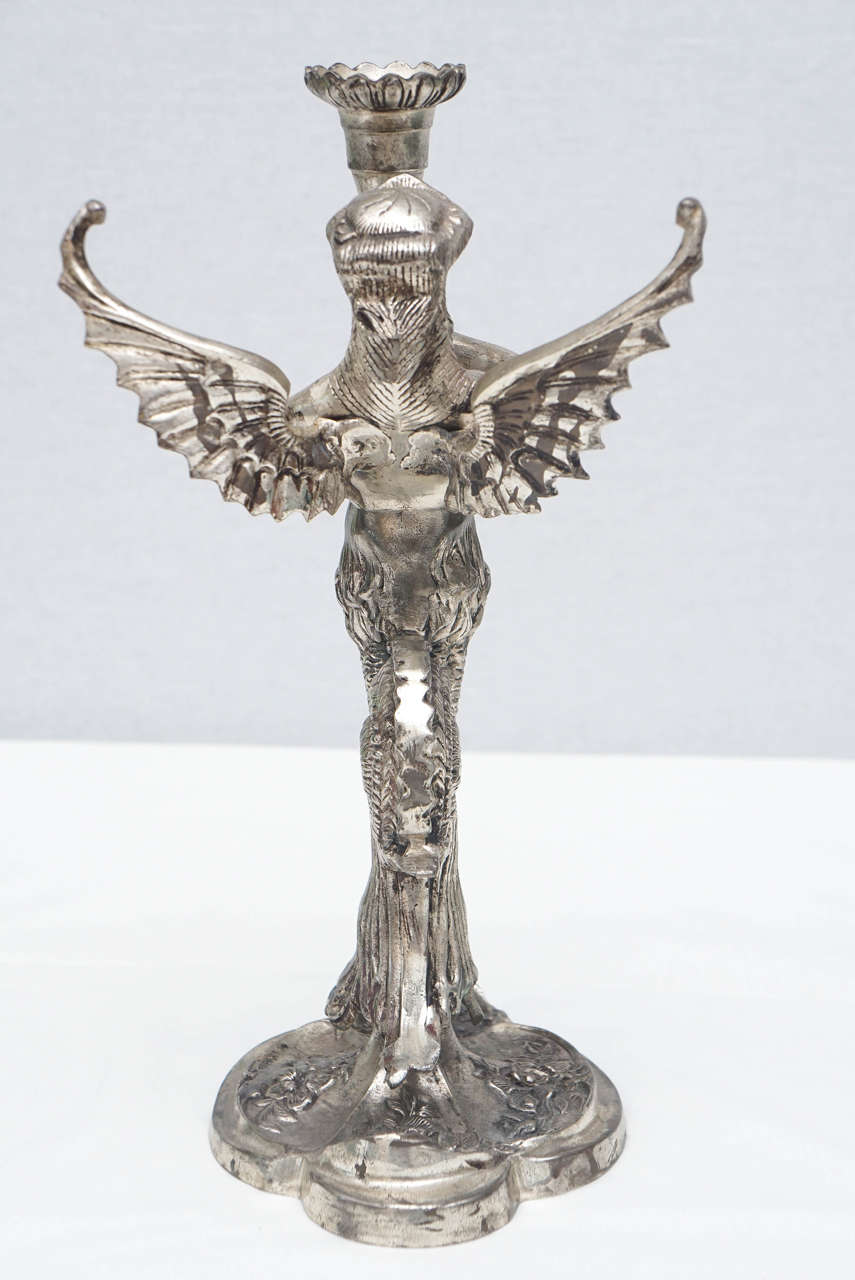 Pair of Continental Silvered-Metal Winged Mermaid Candlesticks In Excellent Condition For Sale In Hudson, NY