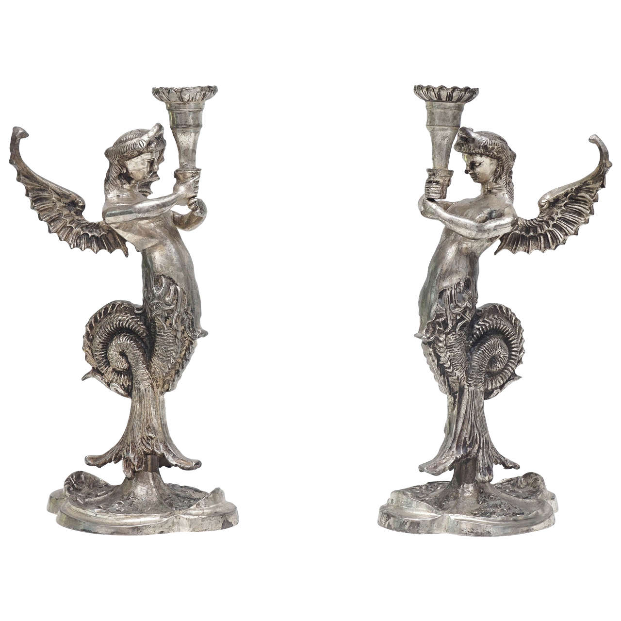 Pair of Continental Silvered-Metal Winged Mermaid Candlesticks For Sale