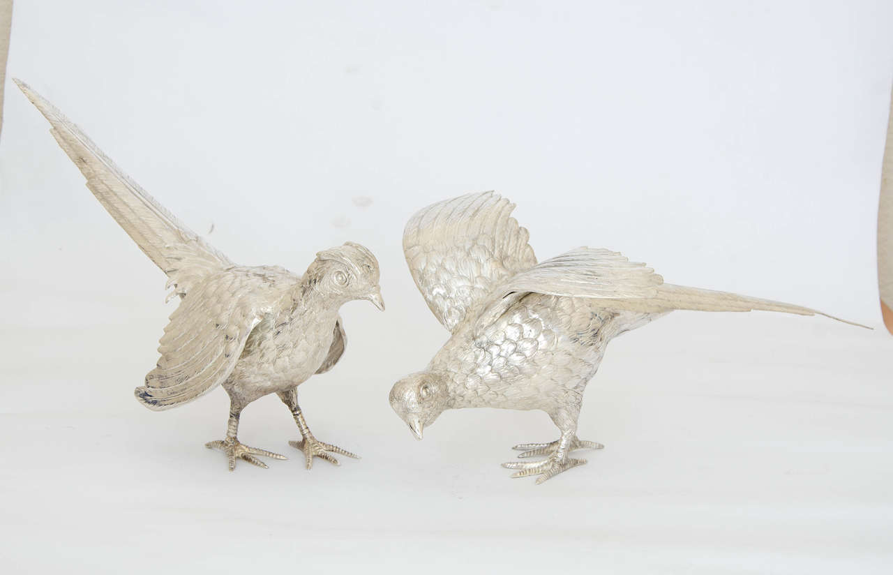 A large pair of silver plated pheasants. Each bird measures 17.5