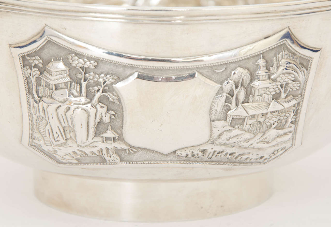 Late 19th Century Chinese Export Silver Bowl with Floral and Figural Decoration