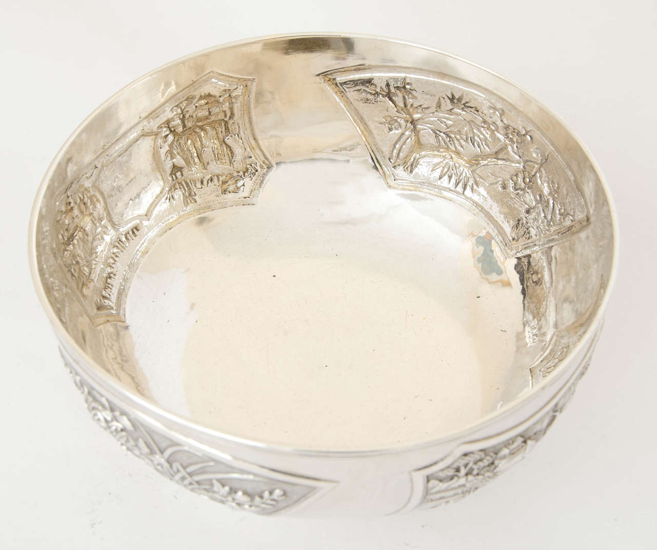 Chinese Export Silver Bowl with Floral and Figural Decoration 2