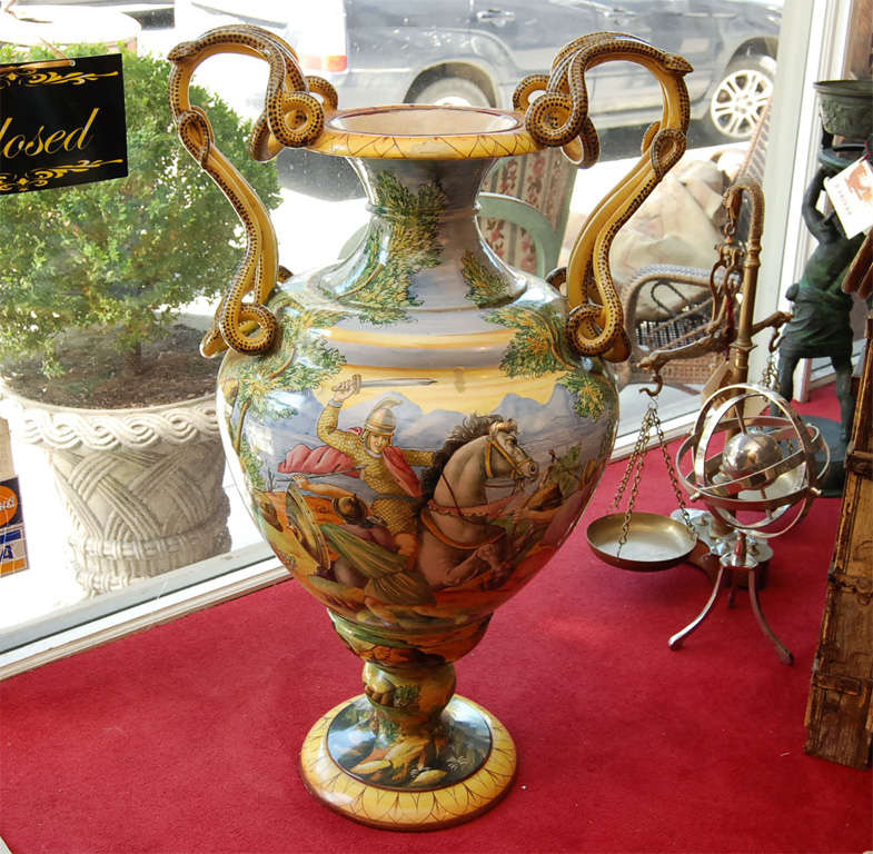 Italian Grand Tour Majolica Urn with Heroic Scenes and Serpent In Good Condition For Sale In Hudson, NY