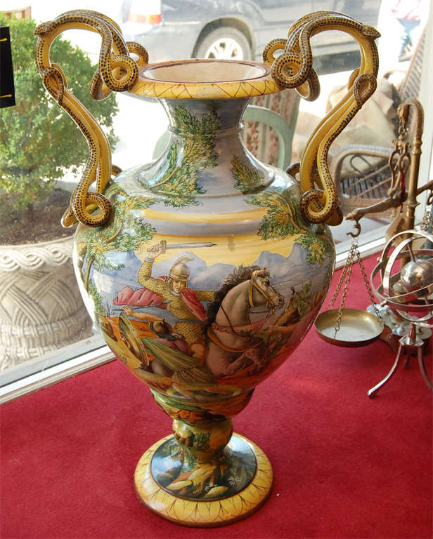 19th Century Italian Grand Tour Majolica Urn with Heroic Scenes and Serpent For Sale