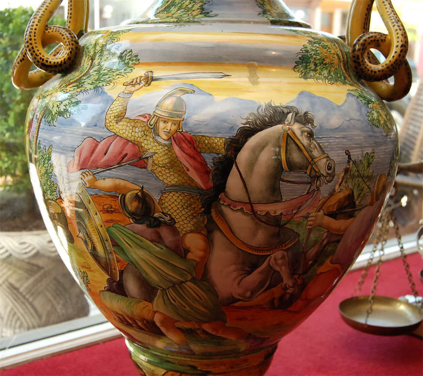 Italian Grand Tour Majolica Urn with Heroic Scenes and Serpent For Sale 2