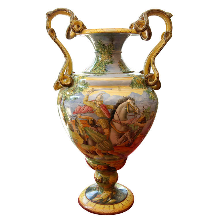 Italian Grand Tour Majolica Urn with Heroic Scenes and Serpent For Sale