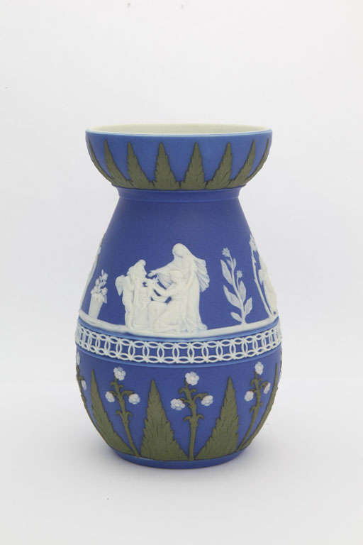 A rare signed Adams three color jasper vase, white and green on cobalt blue dip ground, decorated with classical figures over a flower and leaf design