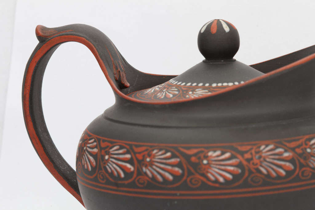 A Rare Wedgwood Encaustic Decorated Basalt Teapot In Excellent Condition For Sale In New York, NY