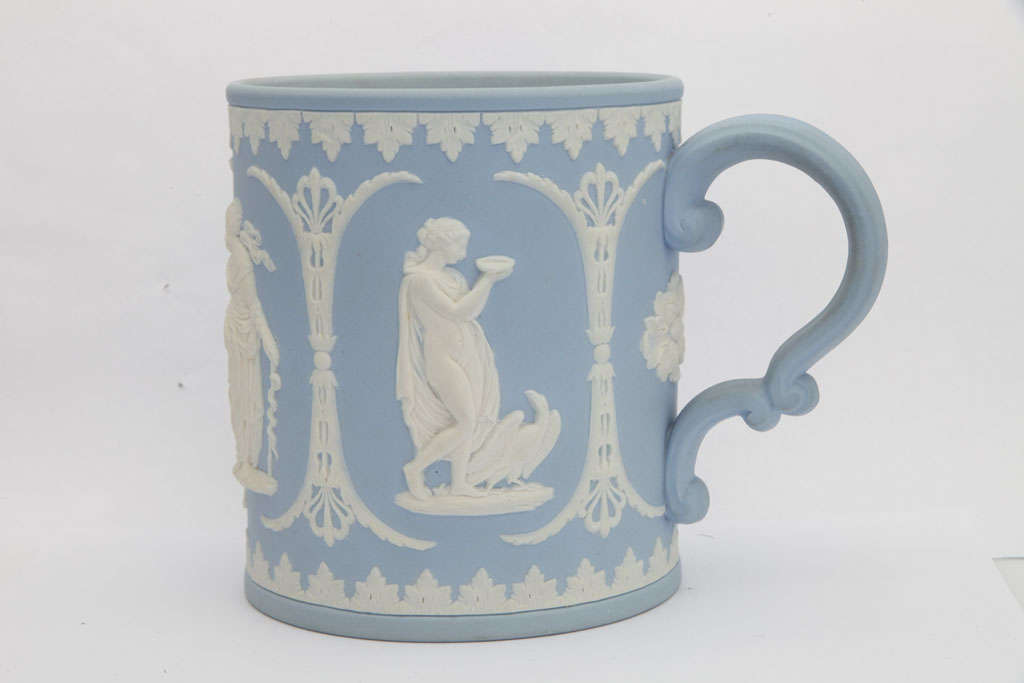 A rare signed Adams powder blue and white jasper tankard decorated with classical figures