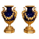 Large Pair Of Cobalt Blue Porcelain, Gilt Mounted  Vases