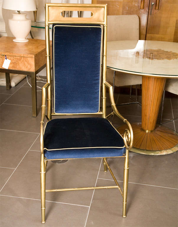 Set of 6 Mastercraft Faux Bamboo Brass Dining Chairs. New Blue Velvet Upholstery with contrasting welt