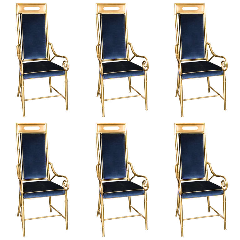 Set of 6 Mastercraft Faux Bamboo Brass Dining Chairs For Sale