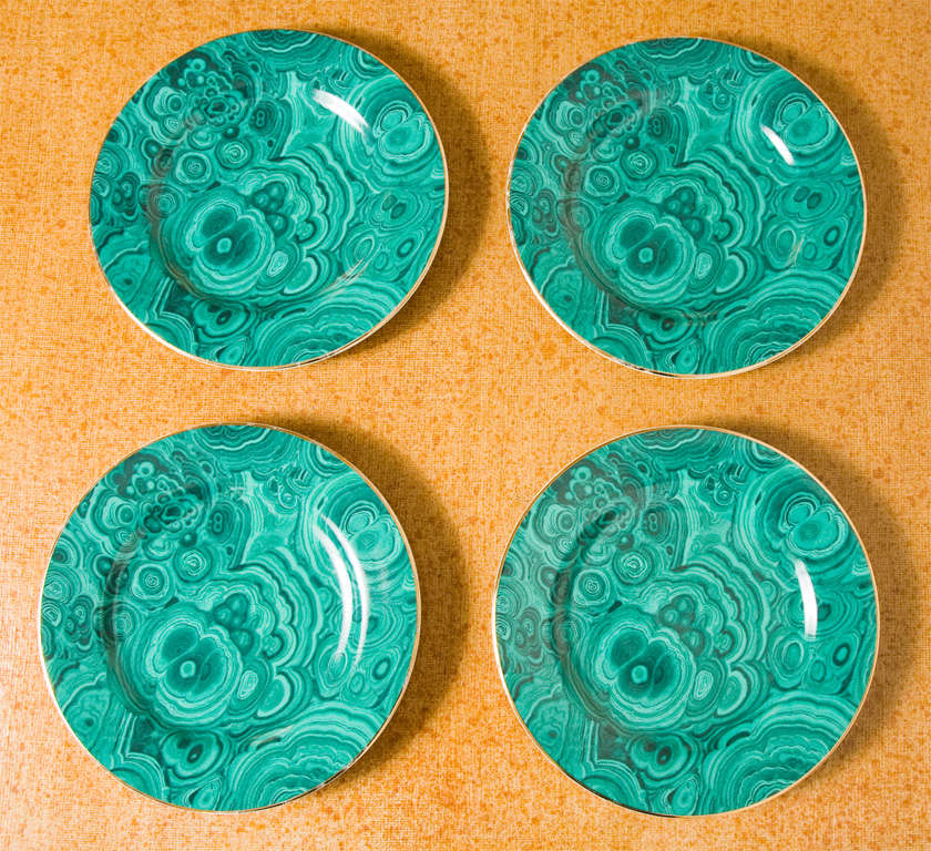 Handsome set of four ceramic malachite plates from Neiman Marcus.  Markings on the back of each plate- great condition- no chips or cracks.  Slight loss of gold around the edges, but they look good.