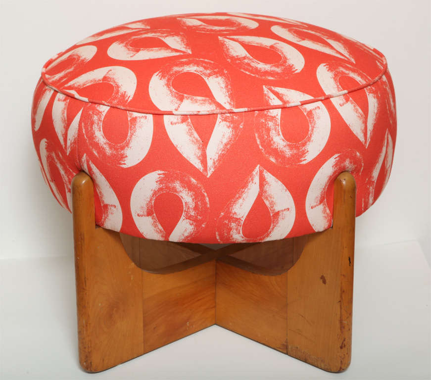 Mid-Century Wood Ottoman with Custom Buck House Fabric
