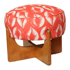 Mid-Century Wood Ottoman with Custom Buck House Fabric