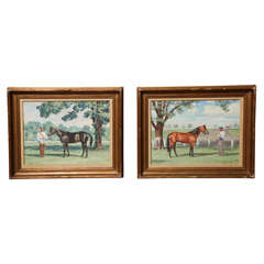 A Pair of Oil on Canvas Equestrian Portraits