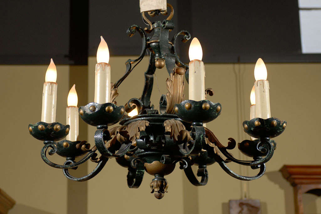 Old French Iron Chandelier with Eight Arms, circa 1940 For Sale 3