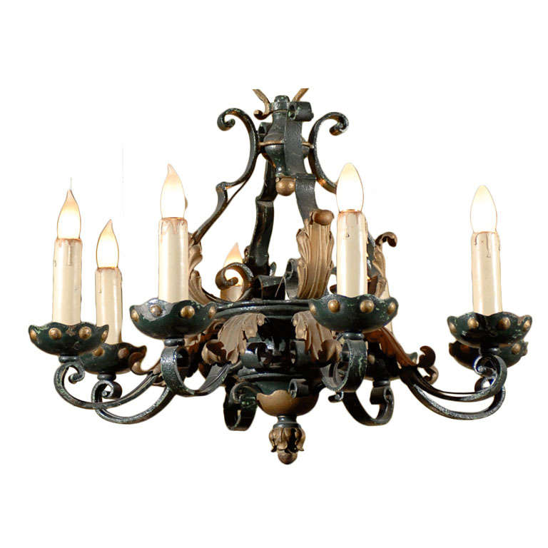 Old French Iron Chandelier with Eight Arms, circa 1940 For Sale