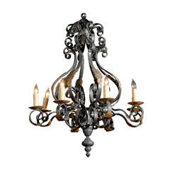 Large Vintage French Black Iron Chandelier, Circa 1940