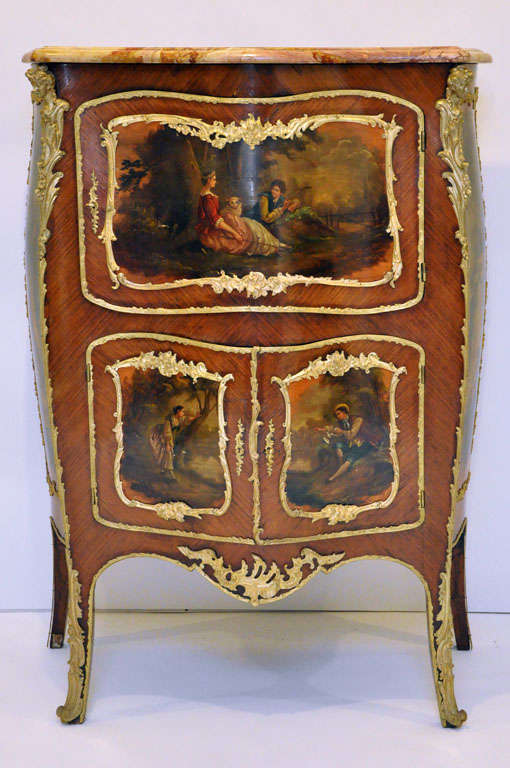 French Louis XV style Vernis Martin bombé cabinet epitomizing the fine craftsmanship of the Rococo style. This romantic shapely cabinet would work nicely in any room as a dry bar, office storage, or for clothing. Curvaceous breche d'Alep marble top