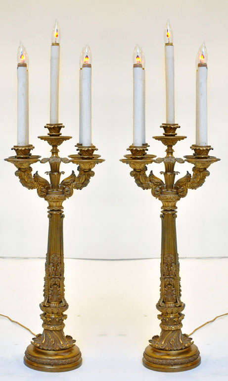 An important elaborate pair of extra-large Neoclassical bronze 5-Light candelabra lamps converted to electric. Classical Roman fluted column shaft surmounted by a detailed gilt bronze bobache sprouting flower bud capital surrounded by four gilt