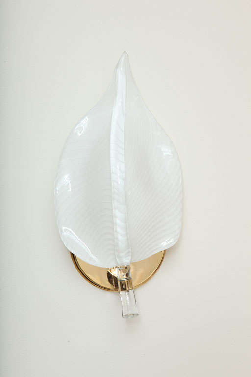 Italian Pair of White Murano Glass Leaf and Brass Sconces, Italy