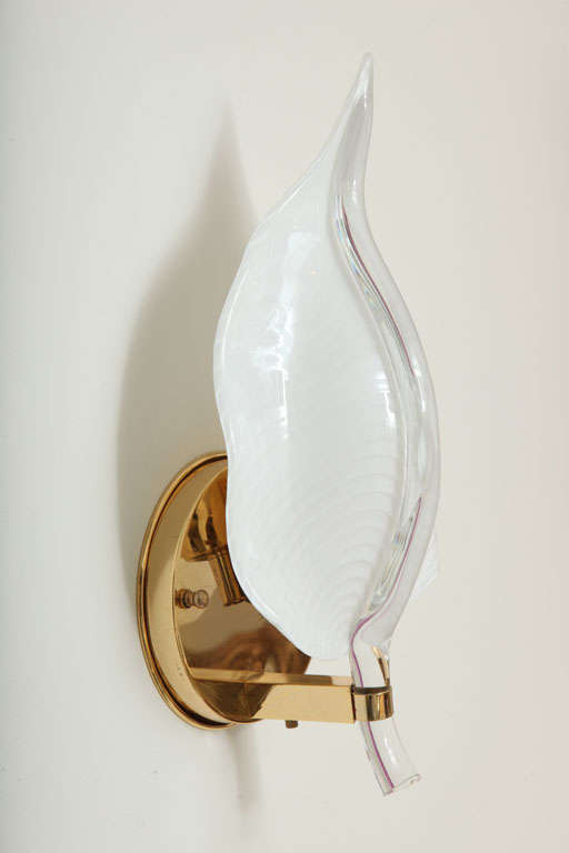 Contemporary Pair of White Murano Glass Leaf and Brass Sconces, Italy