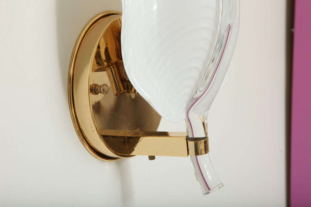 Pair of White Murano Glass Leaf and Brass Sconces, Italy 1