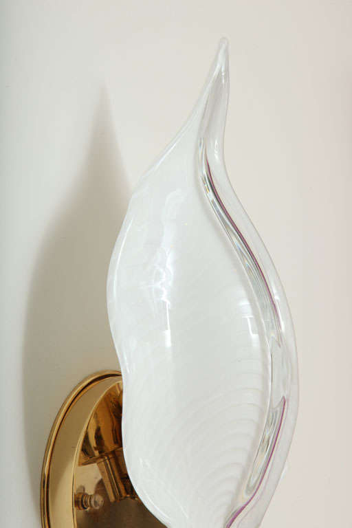 Pair of White Murano Glass Leaf and Brass Sconces, Italy 2