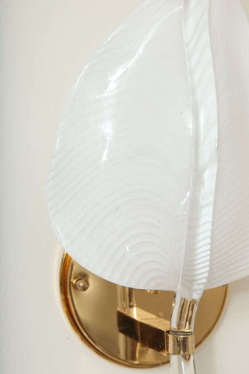 Pair of White Murano Glass Leaf and Brass Sconces, Italy 5