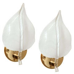 Pair of White Murano Glass Leaf and Brass Sconces, Italy