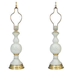 Pair of Mid Century White Murano Glass Lamps with Brass Details Pair of Mid Century White Murano Glass Lamps with Brass Details