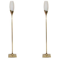 Pair of Mid Century Brass & Frosted Glass Floor Lamps by Laurel