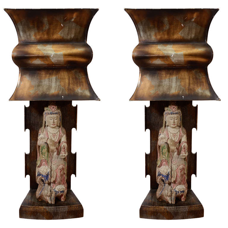 Rare Extraordinary Pair Of 1940's Asian Figure Table Lamps by James Mont For Sale