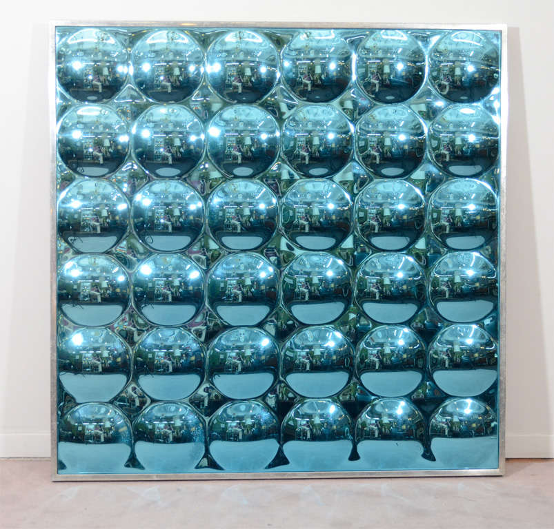 Mid Century Blue Tone Op-Art Mirror in Aluminum Frame