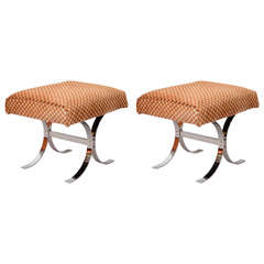 Pair of Mid Century X-Base Checkered Stools by Milo Baughman