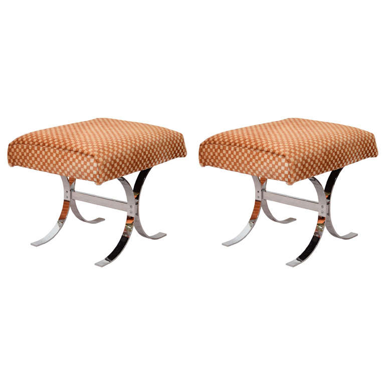Pair of Mid Century X-Base Checkered Stools by Milo Baughman