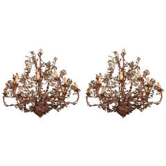 Pair of Large Vintage Tole and Crystal Floral Motif Chandeliers