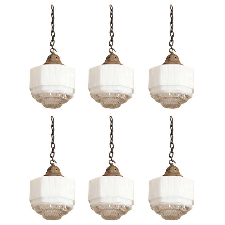 Set of Six Art Deco Milk Glass Pendants with Clear Accents
