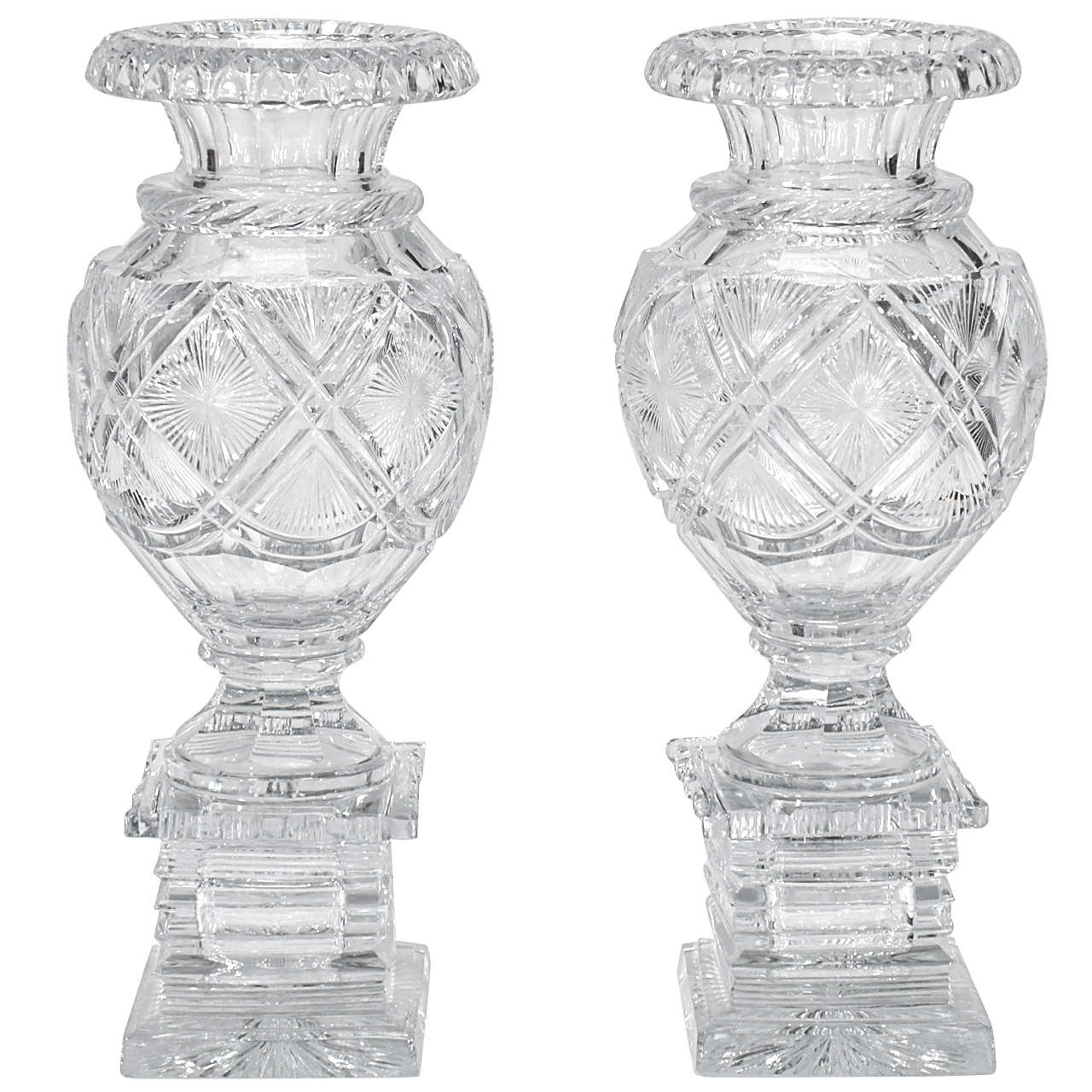 Pair of 19th C. Anglo-Irish Cut Crystal Mantle Vases W/ Square Bases For Sale