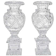 Antique Pair of 19th C. Anglo-Irish Cut Crystal Mantle Vases W/ Square Bases