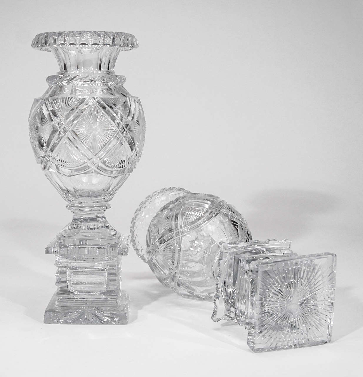 Pair of 19th C. Anglo-Irish Cut Crystal Mantle Vases W/ Square Bases For Sale 3