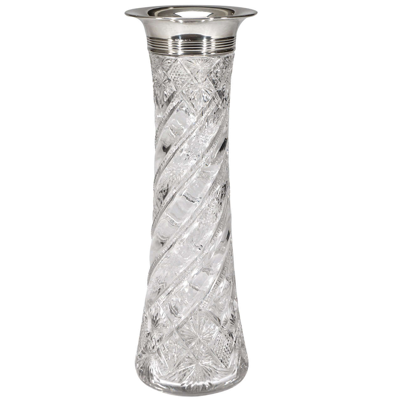 Vase monumental en cristal ABP avec découpe à la roue et monture en argent sterling en vente